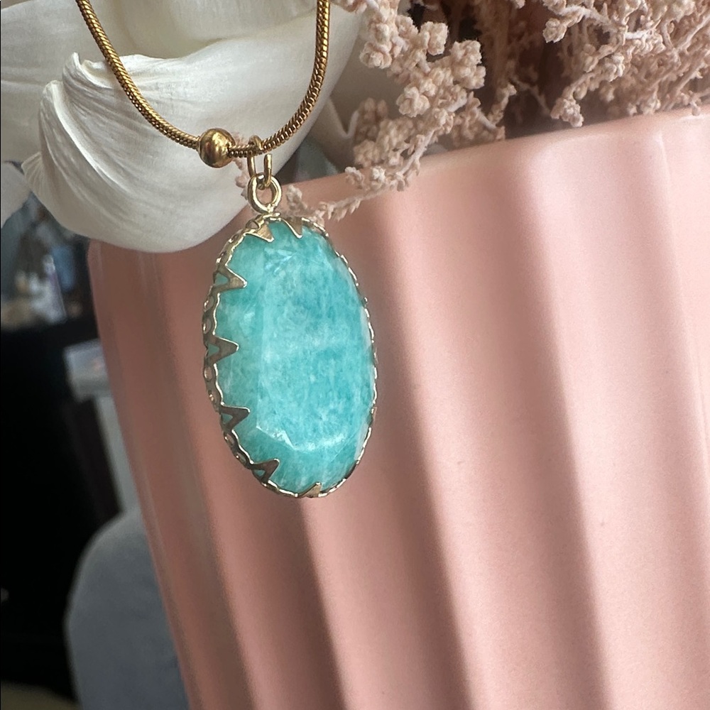 Aqua Stone Gold Adjustable Necklace Turquoise Amazonite Pendant Boho Coastal